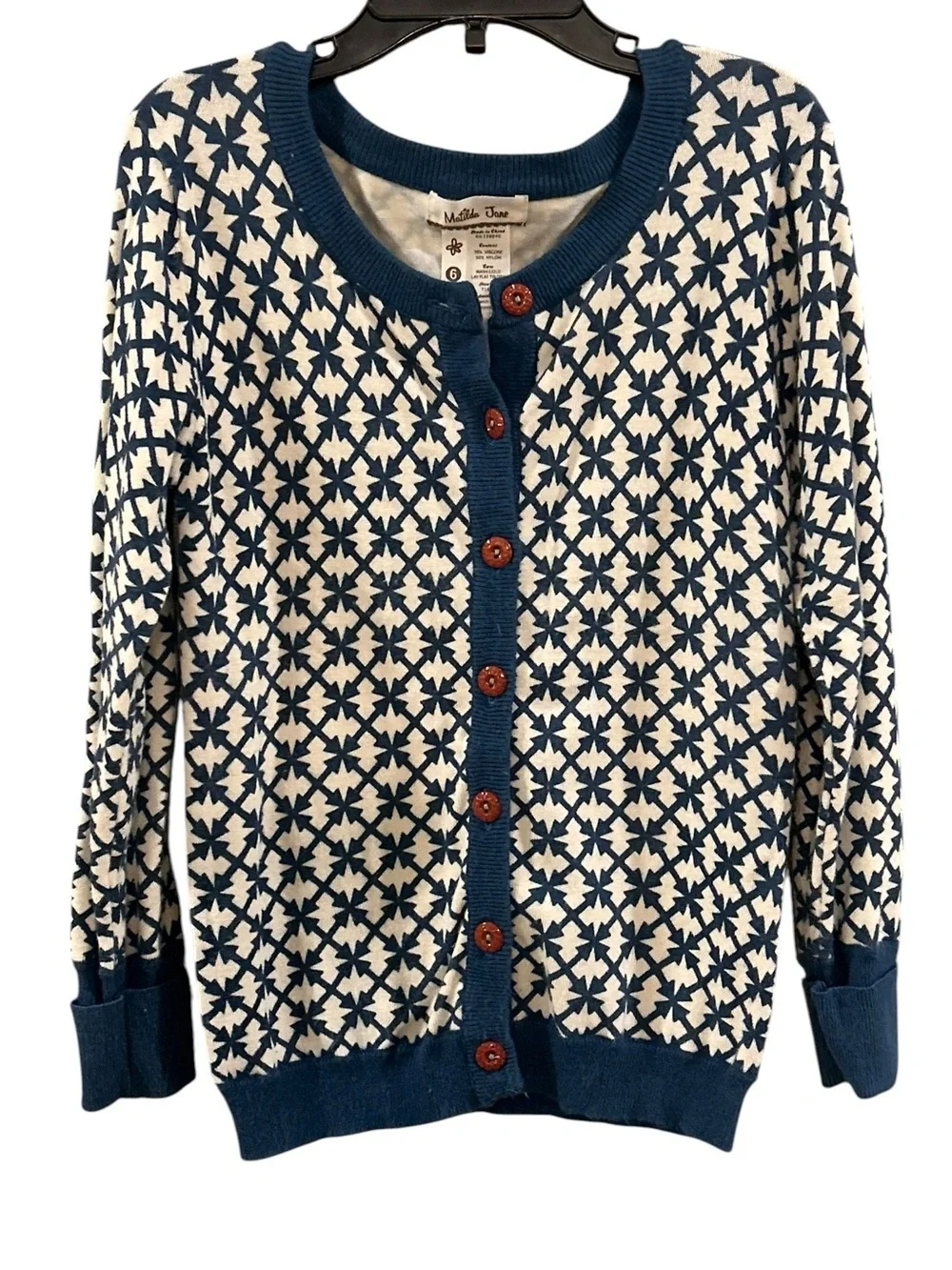 Navy and Cream Patterned Button-Front Sweater size 6 Matilda Jane